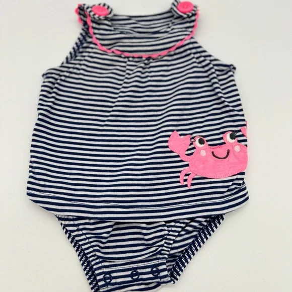 Carters Girls Toddlers Navy Striped Pink Crab Jumpsuit One Piece 3 Months - Picture 1 of 3